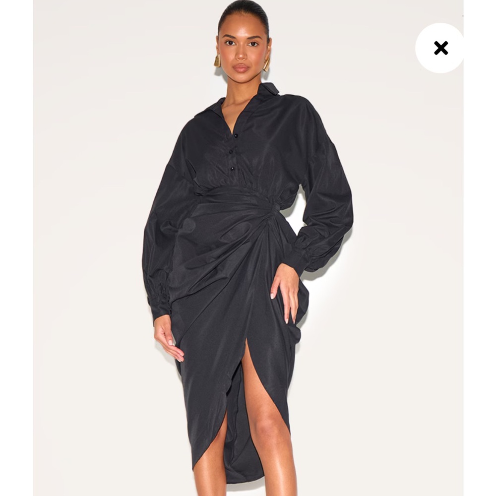 PrettyLittleThing Black Wrap Dress with Bishop Sleeves